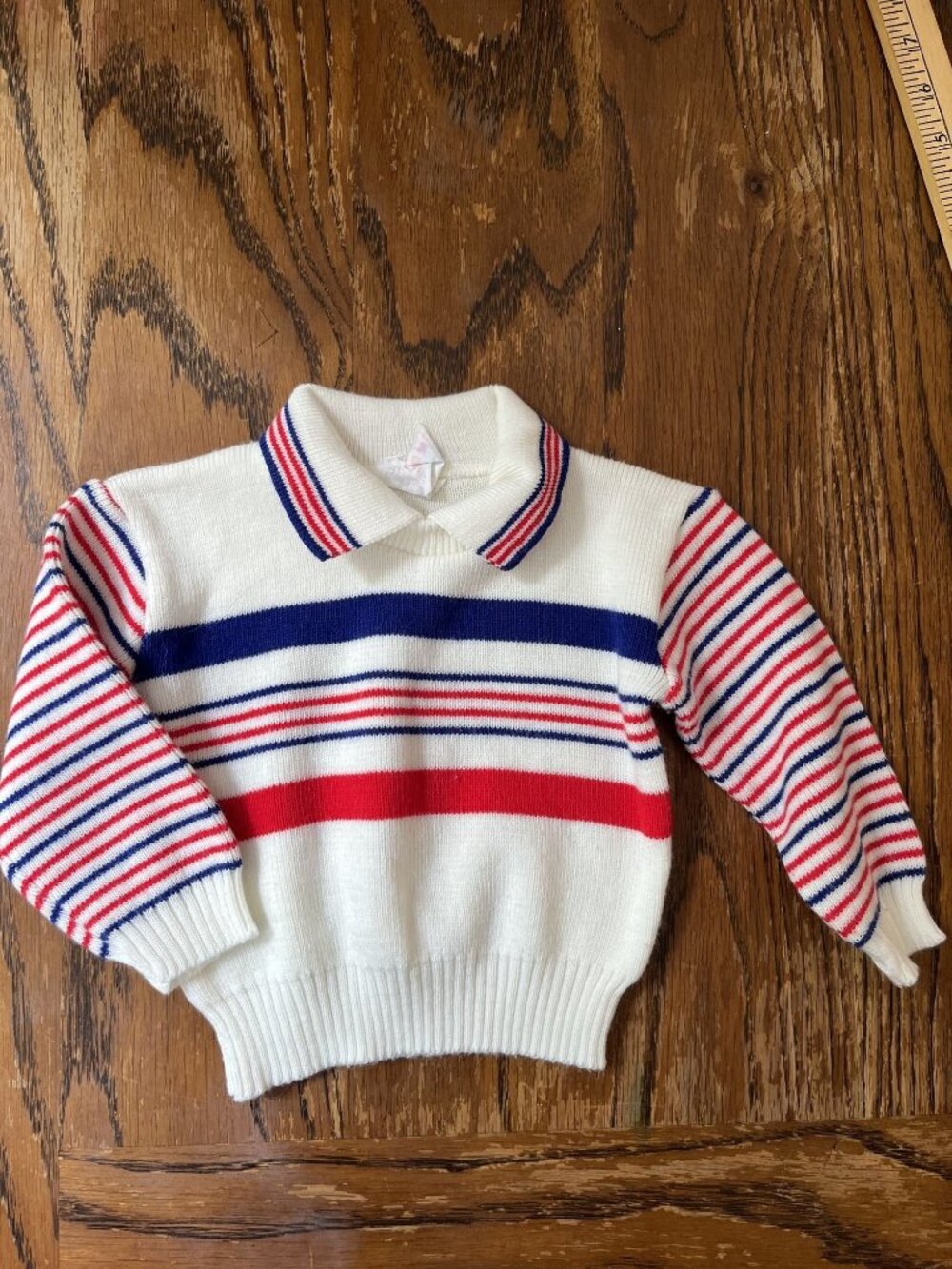 Vintage Soft Spun Infant Sweater White Red & Blue Striped Knit Collared 18M 1980